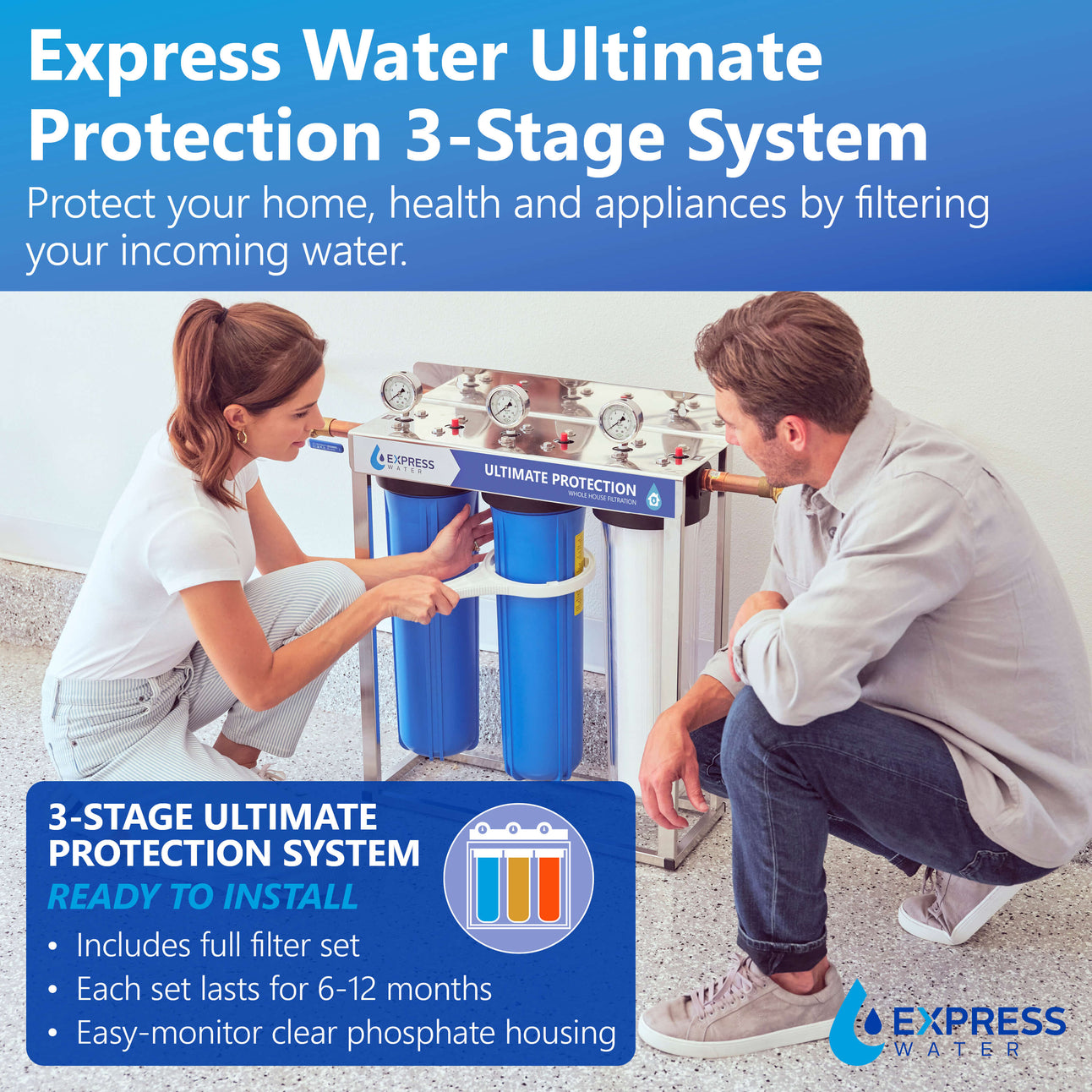 Max Water 3-Stage 10x4.5 Clear Whole House Water Filter System – 1 Port, Made In Canada