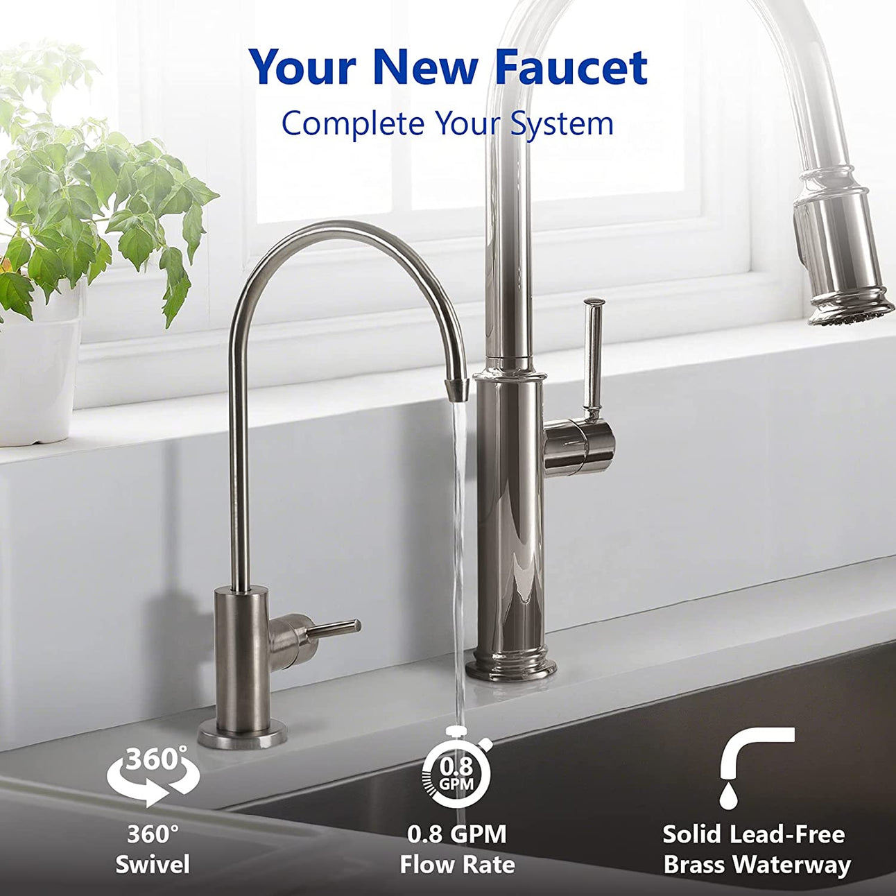 Express Water Modern Brushed Nickel Water Filter Faucet – Drinking Water Faucet – Reverse Osmosis Filtration System and Kitchen Sink Beverage Faucet – Simple 3-Piece Easy Install Faucet