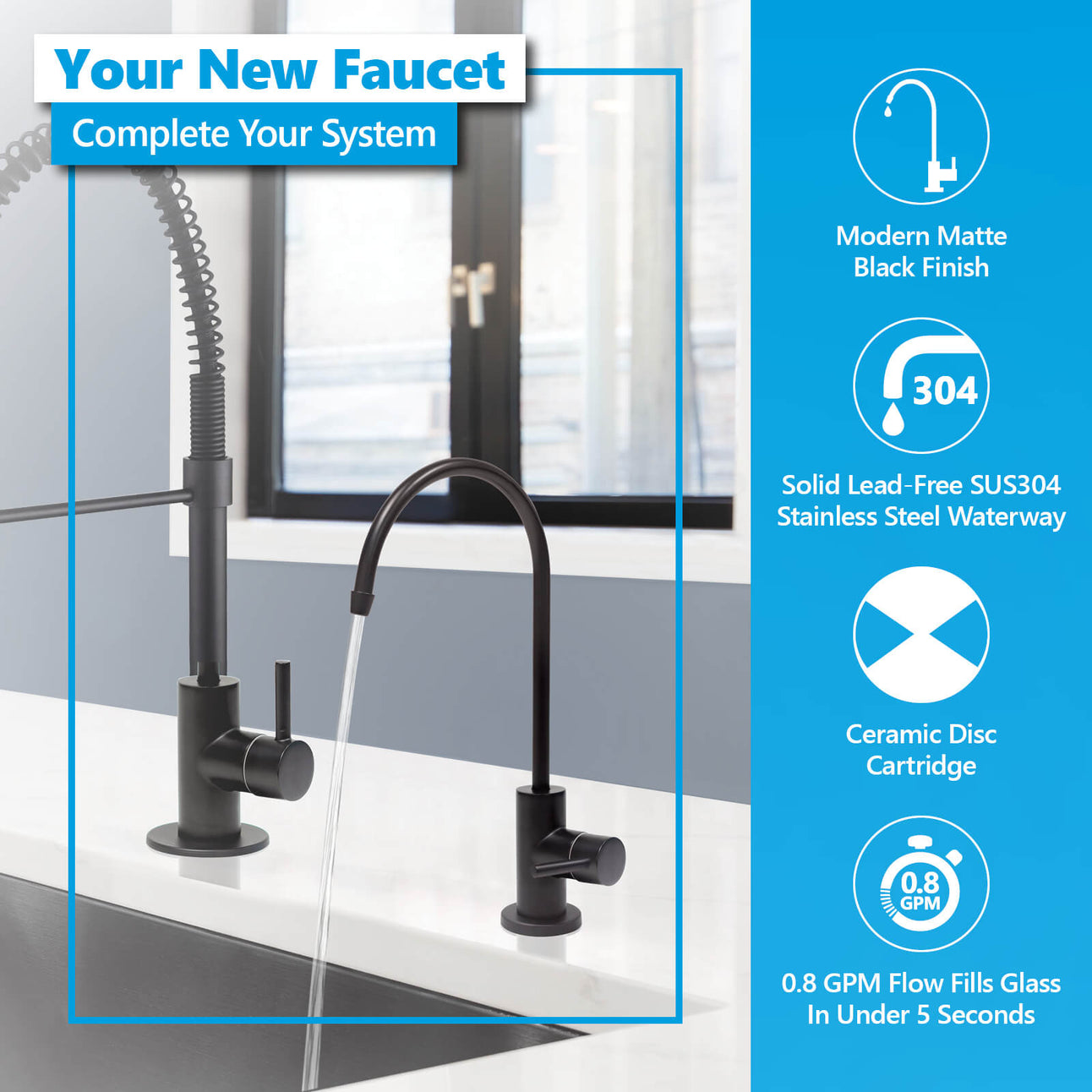 Express Water Modern Water Filter Faucet – Matte Black Faucet – 100% Lead-Free Drinking Water Faucet – Compatible with Reverse Osmosis Water Filtration Systems