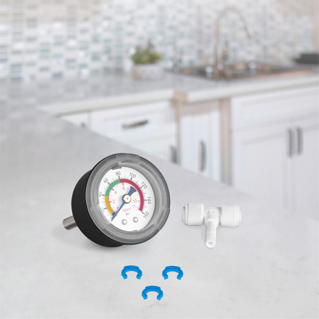 water pressure gauge installed on RO system inlet line with PSI range 40-80 marked