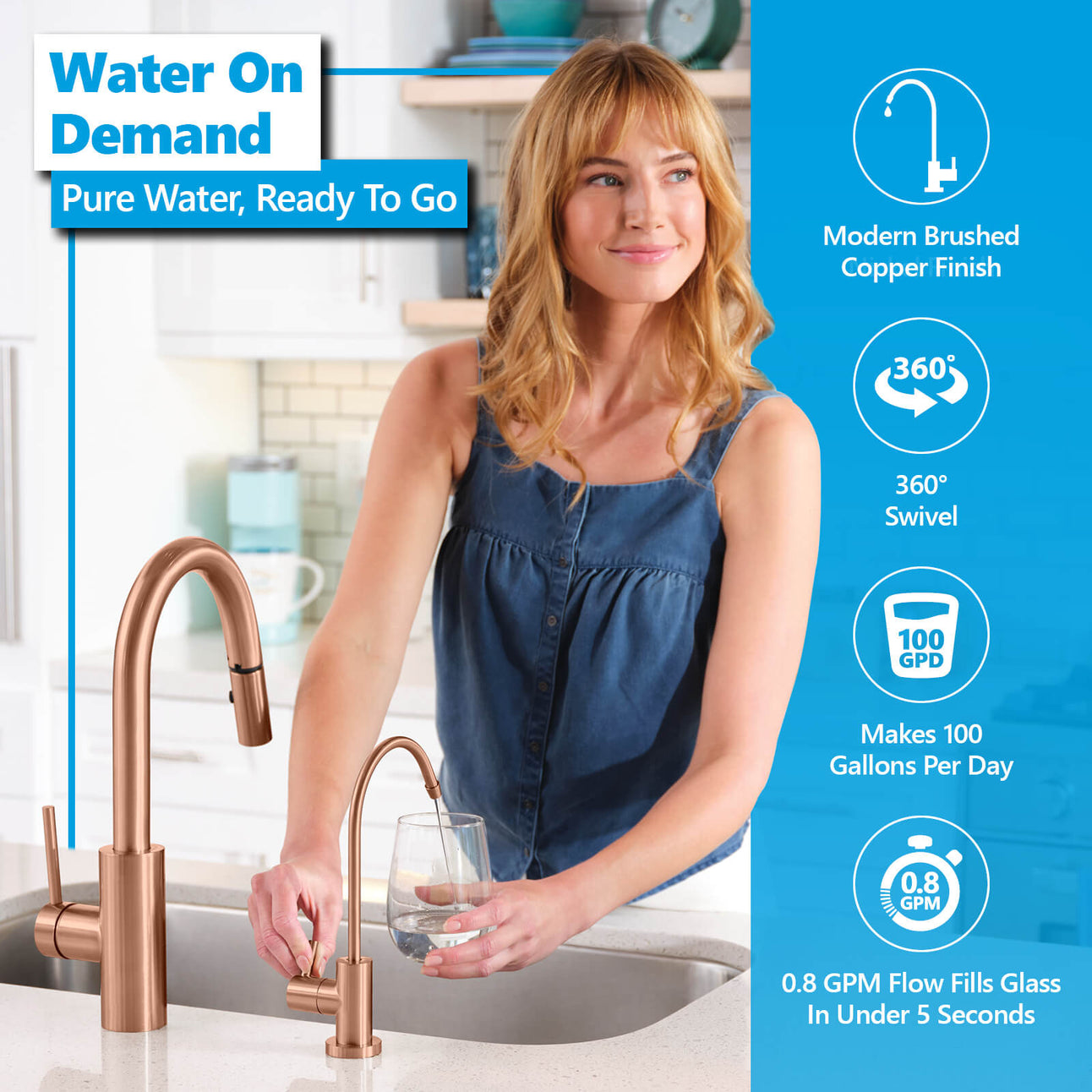 Alkaline RO System with modern brushed copper faucet