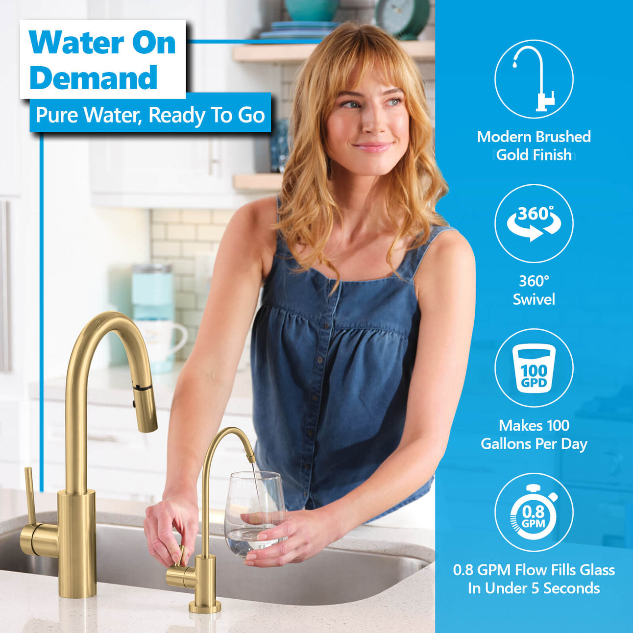 Alkaline RO System with modern brushed gold faucet