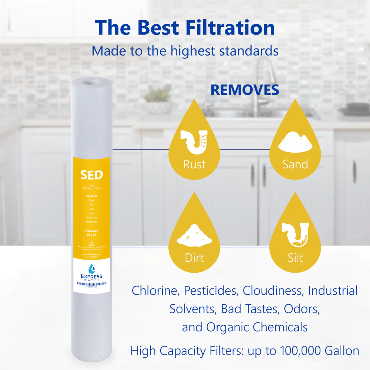Sediment Replacement Filter – SED Dirt, Sand, Rust High Capacity Water Filter – Whole House Filtration – 5 Micron – 2.5” x 20” inch